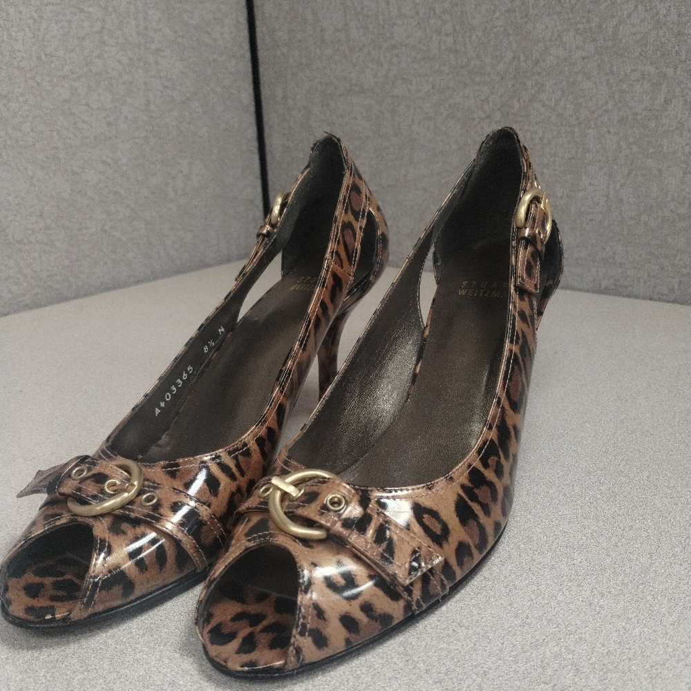 Stuart Weitzman Leopard Print Peep Toe Women's Shoes - 8.5